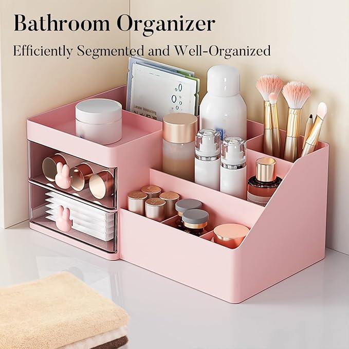 Makeup Organizer, Cosmetic Desk Storage Box with Drawers Skincare Organizers for Dressing Table, Countertop, Bathroom Counter, Vanity Holder for Brushes, Lotions, Lipstick, Perfume (Pink-Clear)