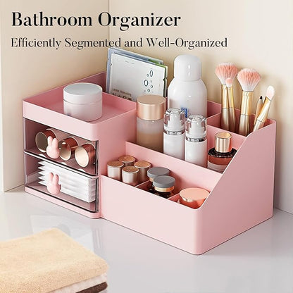 Makeup Organizer, Cosmetic Desk Storage Box with Drawers Skincare Organizers for Dressing Table, Countertop, Bathroom Counter, Vanity Holder for Brushes, Lotions, Lipstick, Perfume (Pink-Clear)