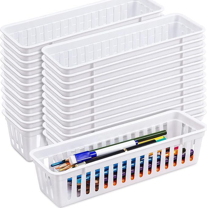 Domensi 24 Pack Slim Plastic Storage Baskets Tray for Organizing 10.25x3.25x2.5 Inch Small Narrow Storage Bins Stackable Drawer Pencil Trays Holder for Desk Garage Cabinet Container (White)