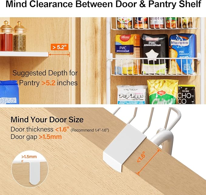 Delamu Over The Door Pantry Organizer, 8-Tier Metal Pantry Door Organization and Storage for Easy Install, Hanging Spice Rack Seasoning Shelves, Door Organizer for Kitchen, 4.65"D x 18"W x 65"H, White