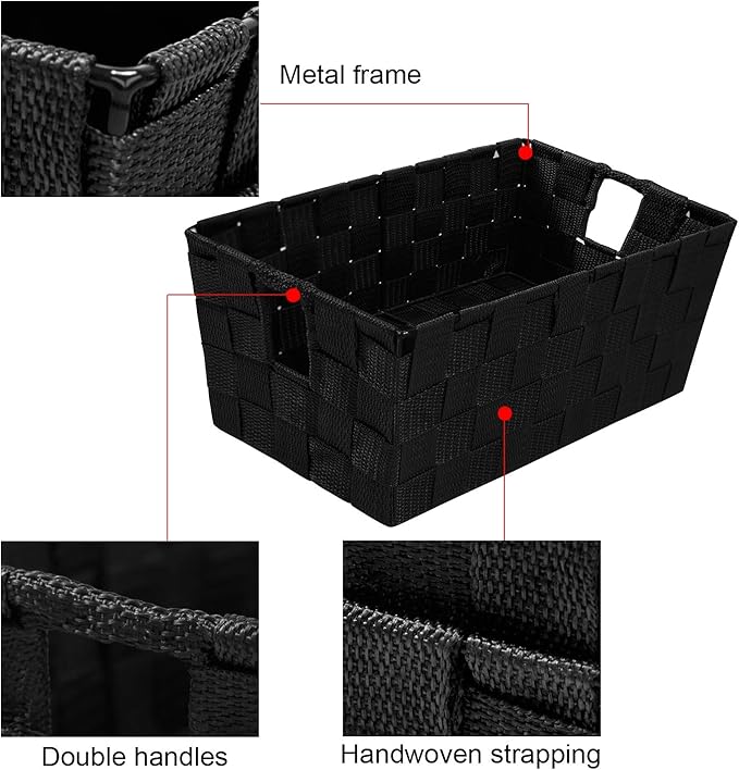 Woven Black Storage Baskets Shelf Tote Boxes Container, Durable Storage Organizer Bins with Built-in Handles for Bedroom, Office, Closet, Kids Room, Nursery, 3-Pack,11.4”x 6.5”x 4.5”
