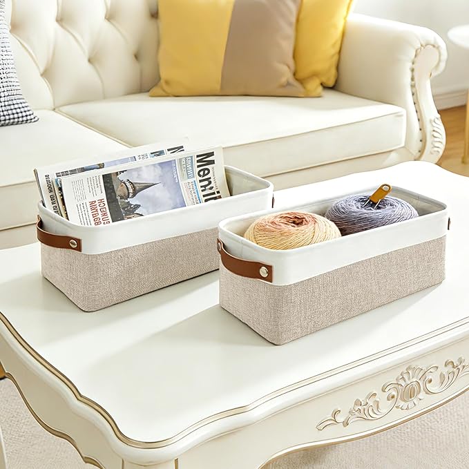 Bagnizer Small Fabric Storage Baskets, 15x6x5 inch Narrow Storage Bins 4-Pack Long Storage Basket for Organizing with Handles, Decorative Basket for Closets, Shelves, Toilet Paper, Beige
