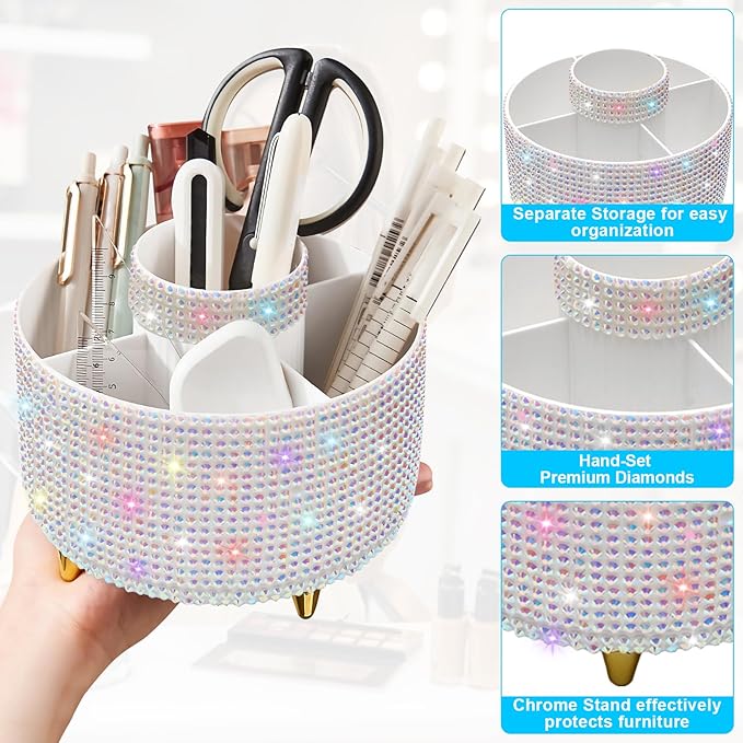 Diesisa Bling Makeup Organizer: 360°Rotating Bling Rhinestone Cosmetic Display Cases -Diamond Makeup Brush Holder - 5 Slot Cup for Cosmetics - Bling Lipstick Organizer - Gift for Women - Diamond White