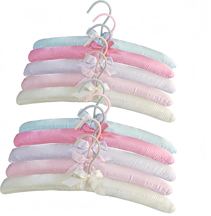 10 Pack Satin Padded Hangers for Women Clothing, Anti Slip Sponge Fabric Clothing Hangers Coat Racks for Sweater, Coat, Suit, Dress (10-Color_B)