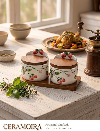 Ceramic Salt and Pepper Cellar Set with Spoons, Lids, and Tray | Decorative Strawberry Condiment Servers for Spices, Sugar, Seasonings, and More | Cottagecore Kitchen Decor, Holds 12oz. Each