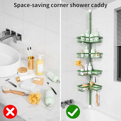 KEGII Shower Caddy Tension Pole, 4-Tier Rustproof Adjustable Corner Bathroom Organizer for Renters, 25–114.2 Inch No Drill Space-Saving Shower Storage Rack, Emerald Green
