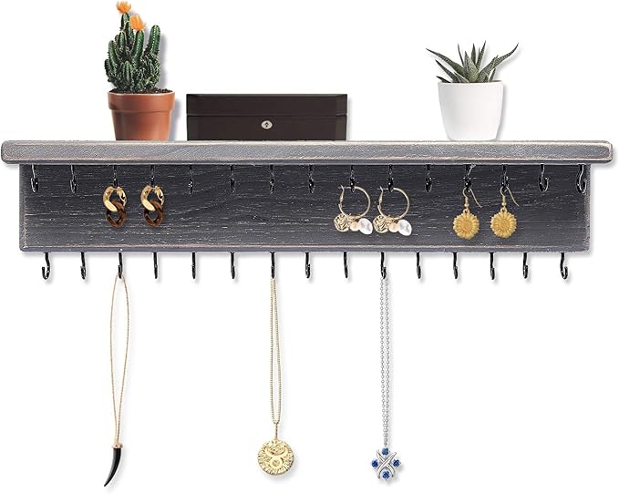 SANY DAYO HOME Jewelry Organizer with 30 Hooks and Cosmetics Shelf, 15 x 3 x 4 inches Wall Mounted Rustic Pine Wood Holder for Necklaces and Bracelets, Suitable for Kids and Adults (Gray)