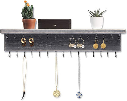 SANY DAYO HOME Jewelry Organizer with 30 Hooks and Cosmetics Shelf, 15 x 3 x 4 inches Wall Mounted Rustic Pine Wood Holder for Necklaces and Bracelets, Suitable for Kids and Adults (Gray)