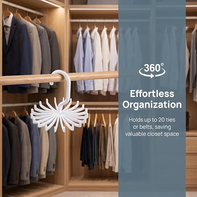 Solustre 4-Pack Rotating Plastic Tie Rack with Belt Hooks Space-Saving Closet Organizer for up to 20 Neckties and Belts Multi-Functional Hanging Storage Solution for Home and Travel