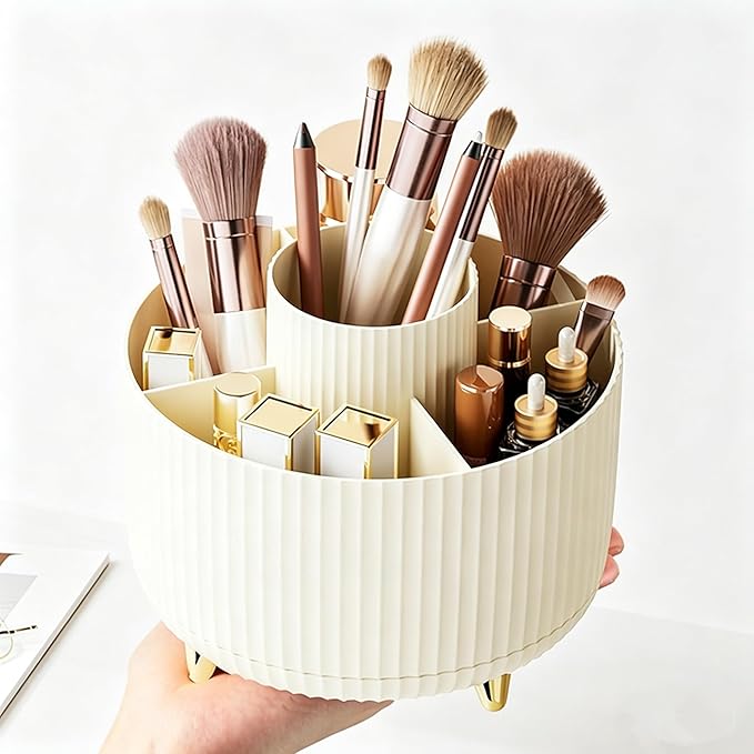 360 Degree Rotating Makeup Brush Holder Organizer Detachable Design 5 Slot Make up Brushes Cup for Cosmetics and Pencil Pen Organizer for Desk Makeup Organizer Skincare Storage for Vanity（Cream）