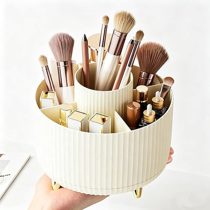 360 Degree Rotating Makeup Brush Holder Organizer Detachable Design 5 Slot Make up Brushes Cup for Cosmetics and Pencil Pen Organizer for Desk Makeup Organizer Skincare Storage for Vanity（Cream）