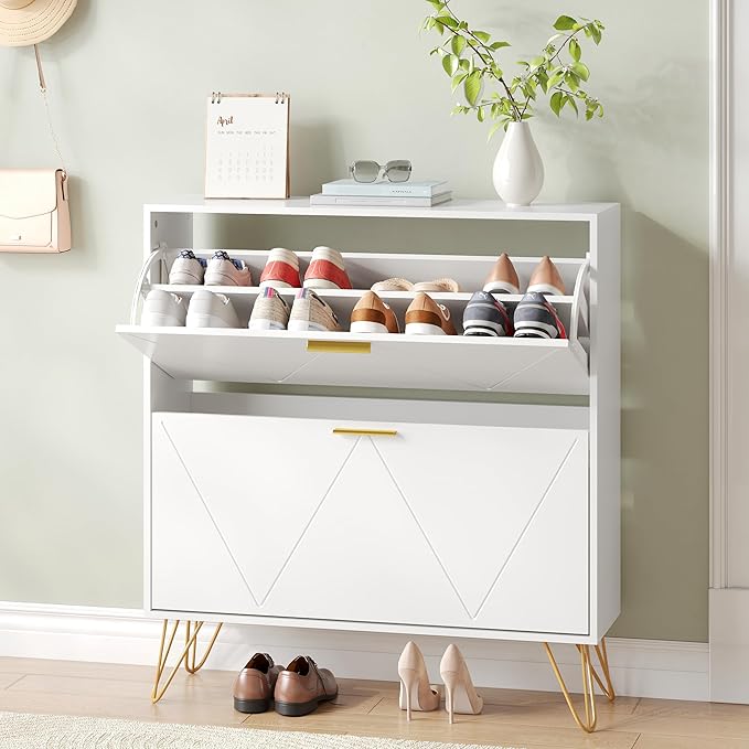 Shoe Cabinet with 2 Flip Drawers, Shoe Storage Cabinet Entryway Slim, White and Gold Narrow Shoe Cabinet w/Metal Legs, Hidden Freestanding Shoe Rack Organizer for Entryway, White