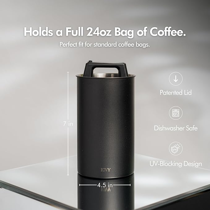 KIVY Vacuum Coffee Canister - Push Lid Preserves Coffee Aroma & Oil - Stainless Steel Airtight Coffee Canister - Container for Ground & Coffee Bean Storage - Coffee Storage Jar - Removes Excess Air