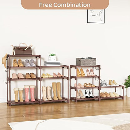 ROJASOP Shoe Rack Organizer, 8-Tier Metal Shoe Rack for Closet Entryway Garage, 26-32 Pairs Tall Shoe Boot Storage Shelf with 15 Hooks, Stackable Large Shoe Stand, Brown