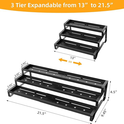 3-Tier Spice Rack Organizer, 13"-21.5" Expandable Spice Organization Shelf, Metal Seasoning Organizer for Kitchen Countertop or Pantry, Slip-Resistant Design for Jars and Bottles, Black