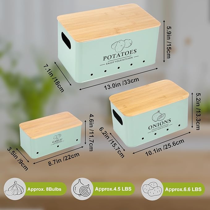 Kitchen Vegetable Storage Set of 3, Metal Onion Garlic Potato Storage Set, Kitchen Canisters Vegetable Keeper Containers with Aerating Holes and Wooden Lid (Sage Green)