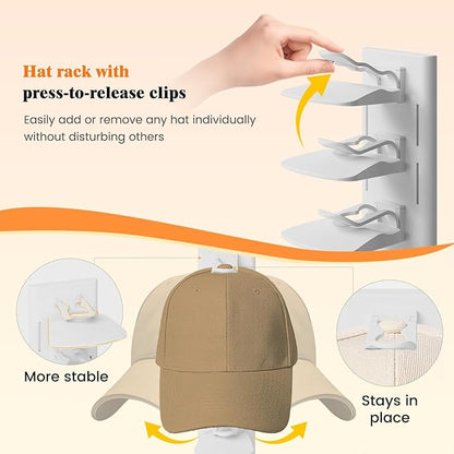 YOUDENOVA Hat Organizer for Baseball Caps, 2 Pack Hat Rack for Wall Hold up to 40 Hats, Adhesive Hat Storage Display for Wall and Closet Doors, White
