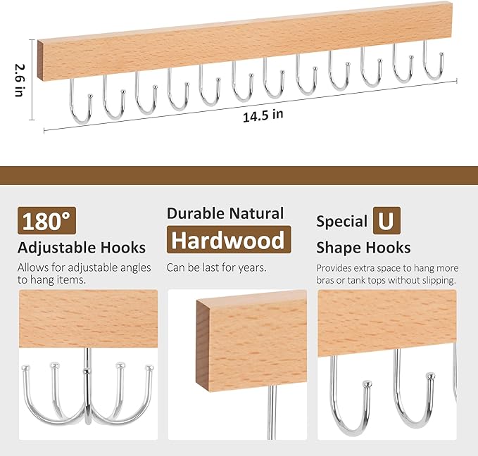 ZEDODIER 2 Pack Necklace Organizer Wall Mount, Wooden Jewelry Hanger Necklace Holder with 24 Hooks,Hanging Jewelry Organizer, Natural