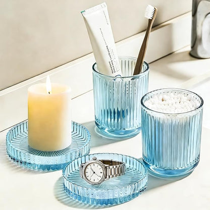 Glass Qtip Dispenser 2 Pack, Clear Bathroom Storage Organizer for Cotton Swabs, Balls, Pads & Floss Picks, Vanity Makeup Essential Accessories (Blue)