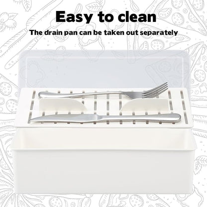 Rainmae 3Pcs Flatware Tray with Lid and Drainer, Large Plastic Silverware Utensil Kitchen Drawer Organizer Clear Cutlery Storage Container with Cover Dinnerware Spoon Knife Holder for Home and Travel