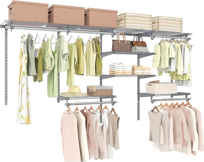 Tangkula 4 to 8 FT Custom Closet System, Wall Mounted Closet with Hanging Rod, Metal Hanging Storage Organizer Rack Wardrobe with Shelves, Adjustable Closet System Kit for Bedroom (Gray)