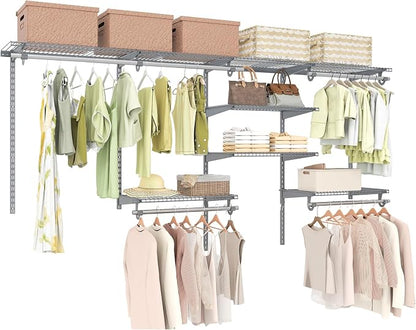 Tangkula 4 to 8 FT Custom Closet System, Wall Mounted Closet with Hanging Rod, Metal Hanging Storage Organizer Rack Wardrobe with Shelves, Adjustable Closet System Kit for Bedroom (Gray)