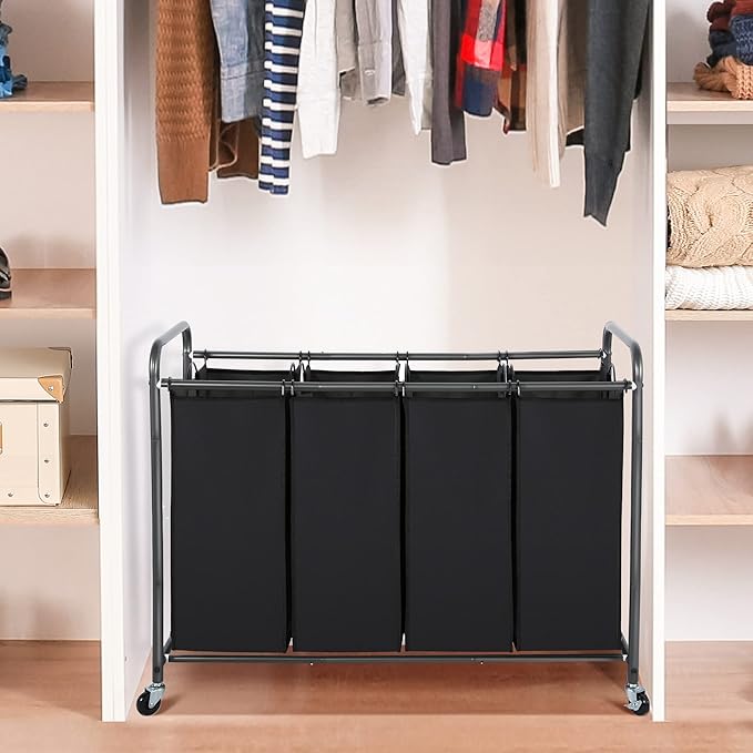 STO STO Laundry Sorter 4 Section, 4 Bag Clothes Hamper, Rolling Laundry Cart Basket with Heavy Duty Lockable Wheels and Removable Bag for Laundry Room, Bedroom, Closet, Black