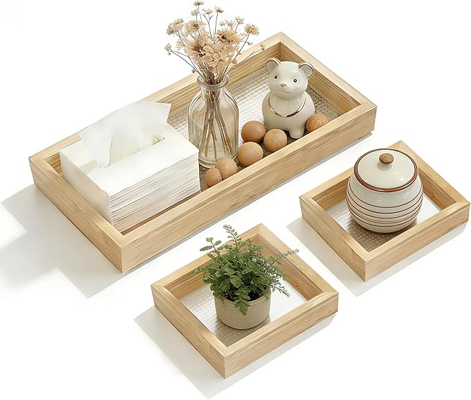 Small Bathroom Countertop Tray Set of 4 for Vanity and Toilet Tank, Stackable Desk Drawer Organizer, Wood Color