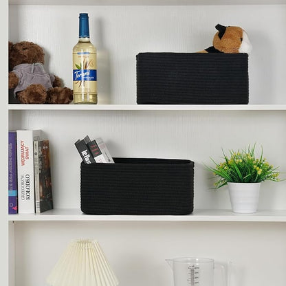 3-Pack Storage Baskets for Organizing | Woven Shelf Toy Basket | Rope Baskets for Gifts Empty | Closet Organizer Bins with Handles | Cube Decorative Box | 13.7×7.1×6.7” | Mixed Black