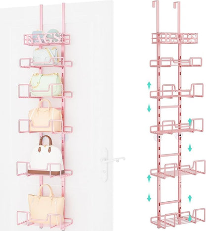 HapiRm Over Door Purse Organizer - Adjustable Purse Storage Rack with Bags Design Metal Basket, Wall Mounted Handbag Organizer, Hanging Handbag Holder, Can Use As 1/2 Part Detachable
