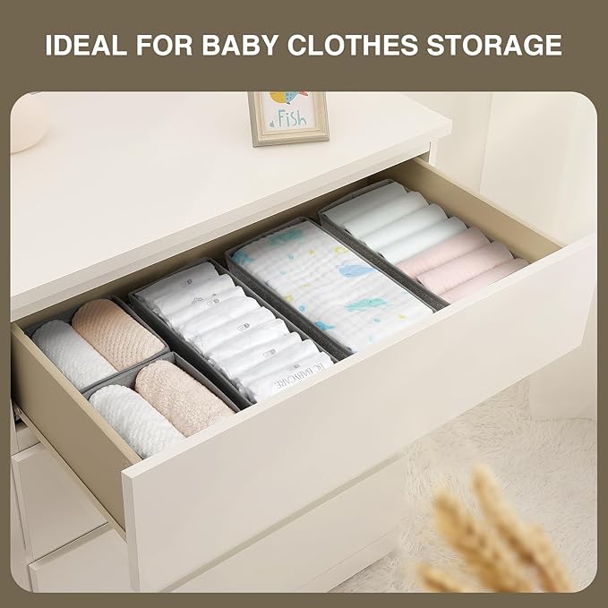 DIMJ Drawer Organizers - Set of 4 Foldable Closet Dividers for Baby Clothes, Socks, Belt, Tie (Black)