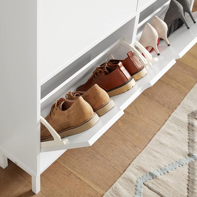 Haotian Ultra Thin Shoe Cabinet with 4 Flip-Drawers, Narrow Shoe Rack, Slim Shoe Storage Organiazer Entryway, White, FSR100-W, 7.5" D x 39.4" W x 35.6" H