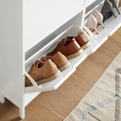 Haotian Ultra Thin Shoe Cabinet with 4 Flip-Drawers, Narrow Shoe Rack, Slim Shoe Storage Organiazer Entryway, White, FSR100-W, 7.5" D x 39.4" W x 35.6" H