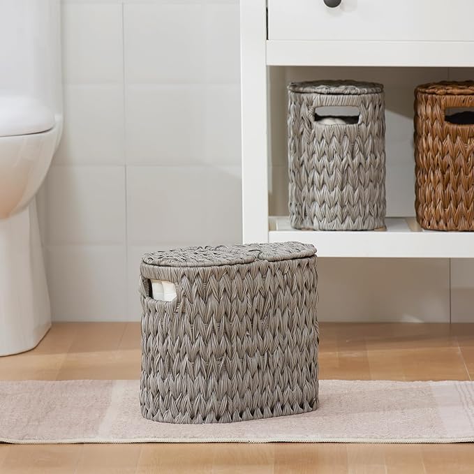 Toilet Paper Storage with Double Lid, Toilet Paper Basket for Storage, Waterproof & Freestanding Tissue Holder for Bathroom, 4 Rolls, Grey