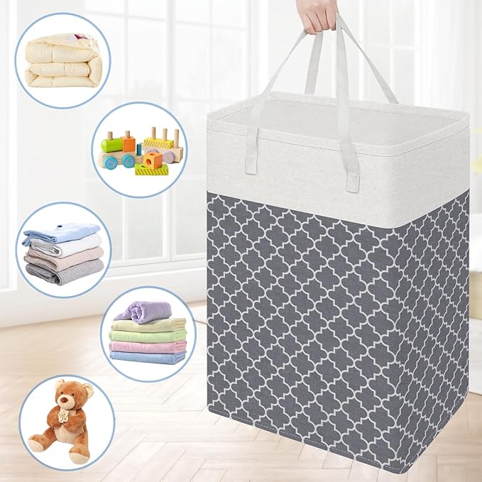 BlissTotes 3-Pack Laundry Basket, Freestanding＆Waterproof Laundry Hamper, Collapsible Tall Clothes Hamper with Easy Carry Handles for Clothes, Towels in the Family and Dorm,Clover Grey,100L