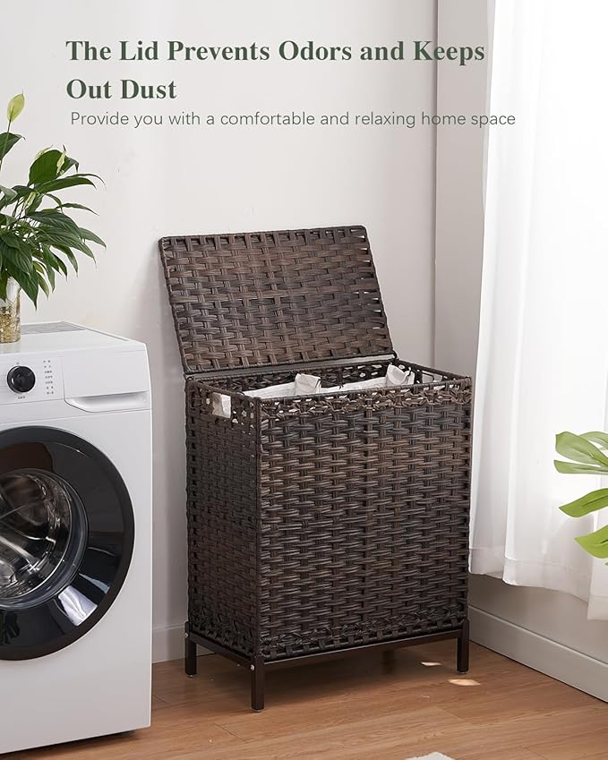 SETVSON Laundry Hamper with Lid, 112 L Handwoven Rattan Wicker Laundry Basket, 2 Removable Liner Bags Metal Heightened Feet, 6 Mesh Bags, 2 Section Large Clothes Hamper for Bathroom Bedroom, Brown