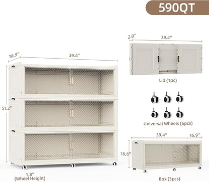 SAILUN 240Gal Extra Large Stackable Storage Bins with a Lid, Collapsible Storage Bins With Doors and Wheels, Foldable Storage Cabinet for Garage Closet Organization, Beige, 3Pack 39.4" W