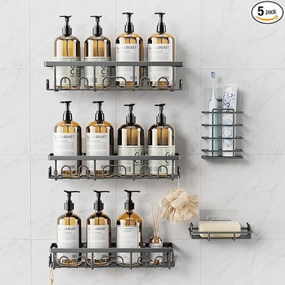 Shower Caddy, 5 Pack Shower Shelves for Inside Bathroom, Rustproof Adhesive Bathroom Organizer with Soap Holder, No Drilling Washroom Organizers and Storage for Bathtub Room/Kitchen/Home, Grey