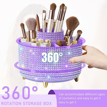Diesisa Bling Makeup Organizer: 360°Rotating Bling Rhinestone Cosmetic Display Cases -Diamond Makeup Brush Holder - 5 Slot Cup for Cosmetics - Bling Lipstick Organizer - Gift for Women -Diamond Purple