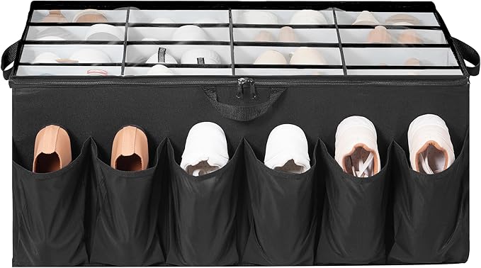 Extra Large Shoe Organizer for Closet, Fits up to 28 Pairs, Fabric Shoe Box Storage Containers with Adjustable Dividers and Clear Cover, Black, 1 Pack