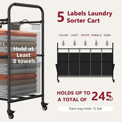 Tajsoon 5 Bag Laundry Sorter Cart, 5 Section Laundry Hamper with Heavy Duty Rolling Lockable Wheels, Laundry Basket Organizer with Removable Bags for Dirty Clothes Storage, Black