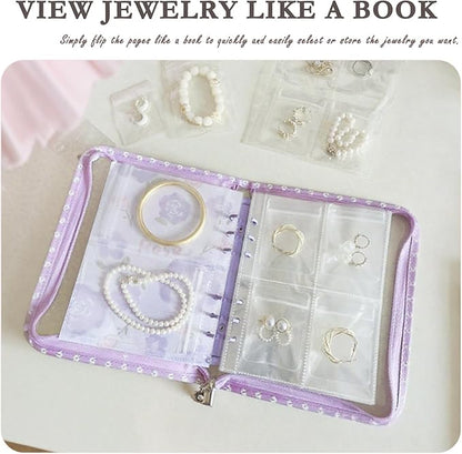 Jewelry Organizer Travel,Jewelry Storage Book with 45 Portable thick PVC pouches,Jewelry Organizer Zipper Bags for Necklaces Bracelet Rings and Earrings (front cover removable),Purple
