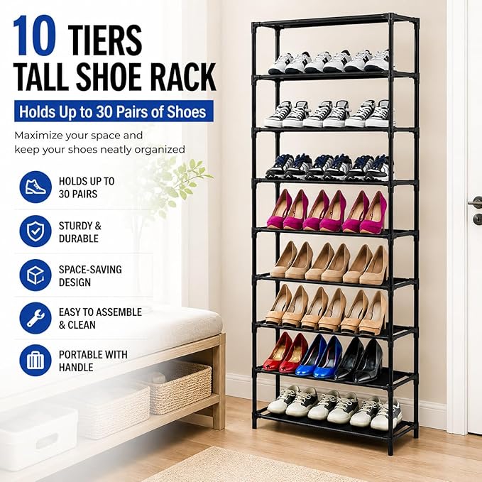 10 Tiers Tall Shoe Rack, 30 Pairs Large Capacity Shoe Organizer, Durable Steel & Non-Woven, Portable with Handle, Easy to Assemble for Closet, Bedroom, Dorm, 24.5 x 12 x 60''