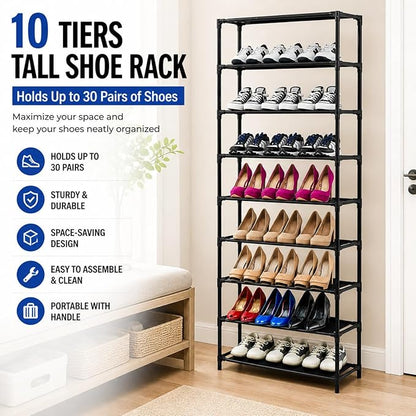10 Tiers Tall Shoe Rack, 30 Pairs Large Capacity Shoe Organizer, Durable Steel & Non-Woven, Portable with Handle, Easy to Assemble for Closet, Bedroom, Dorm, 24.5 x 12 x 60''