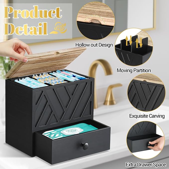 Tampon Holder for Bathroom Decor, Feminine Product Organizer with Lid and Drawer, Shark Week Tampon Storage, Wood Pad and Tampons Organizer for Toilet Storage, Bathroom Accessories Box for Girl Stuff