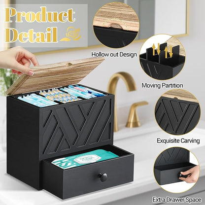 Tampon Holder for Bathroom Decor, Feminine Product Organizer with Lid and Drawer, Shark Week Tampon Storage, Wood Pad and Tampons Organizer for Toilet Storage, Bathroom Accessories Box for Girl Stuff