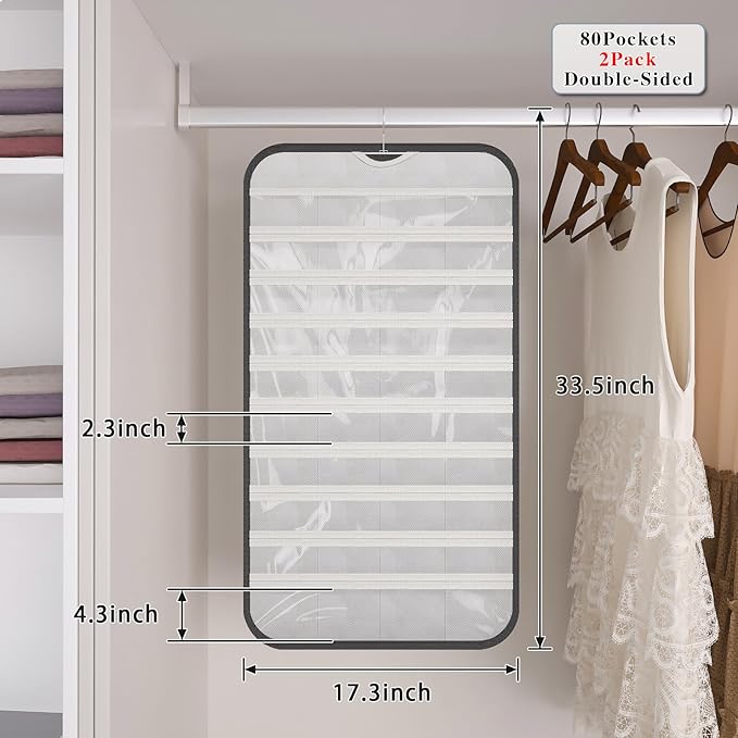 2 Pack Hanging Jewelry Organizer 80-Pocket Dual-sided Jewelry Storage for Earring Necklace Bracelet Ring Travel Holder, Black and White