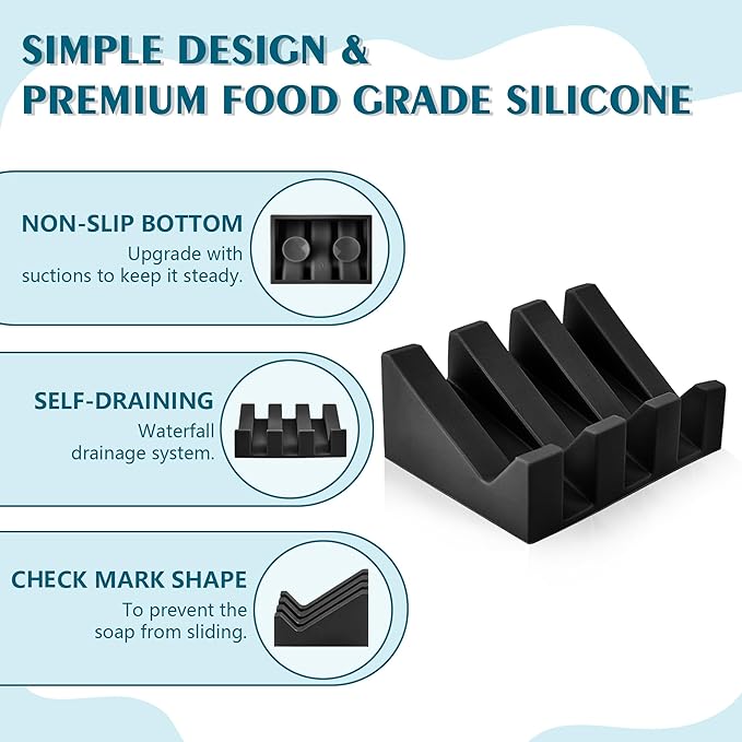 Soap Dish Holder for Shower with Suction Cup, Silicone Soap Holder & Saver Self-Draining Bar Soap Dish Keeps Soap Dry for Bathroom, Kitchen, Bathtub, Extends Soap Life (Black-1Pack)