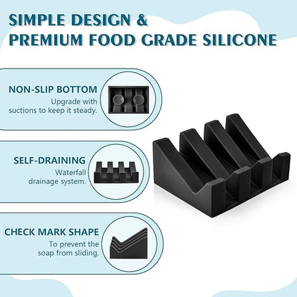 Soap Dish Holder for Shower with Suction Cup, Silicone Soap Holder & Saver Self-Draining Bar Soap Dish Keeps Soap Dry for Bathroom, Kitchen, Bathtub, Extends Soap Life (Black-4Pack)