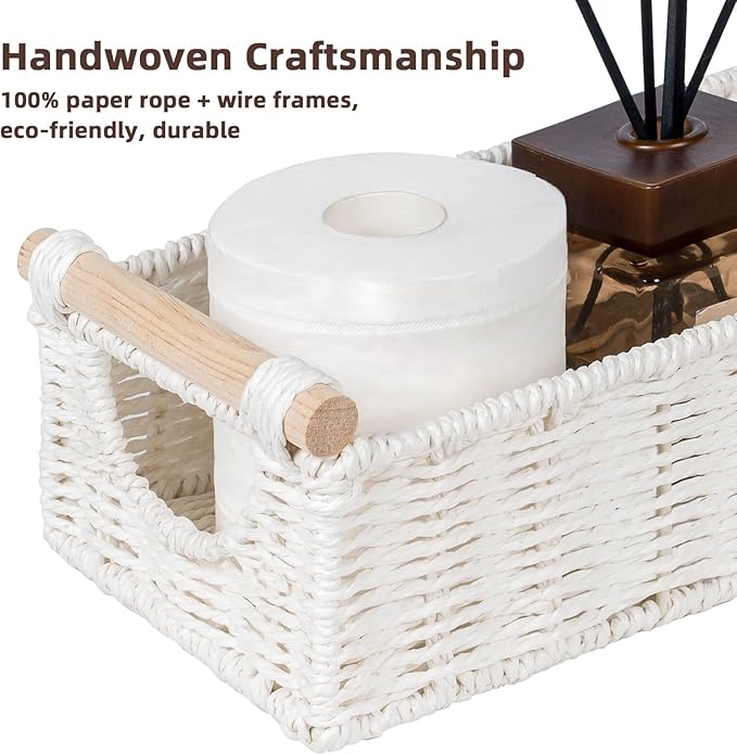 CubesLand Small Wicker Toilet Basket Tray Organizer W/Cut Out Handle, Handwoven Slim Decorative Basket for Countertop, Shelves And for Rustic Home Decor, Living Room, Nursery Organization, Cream